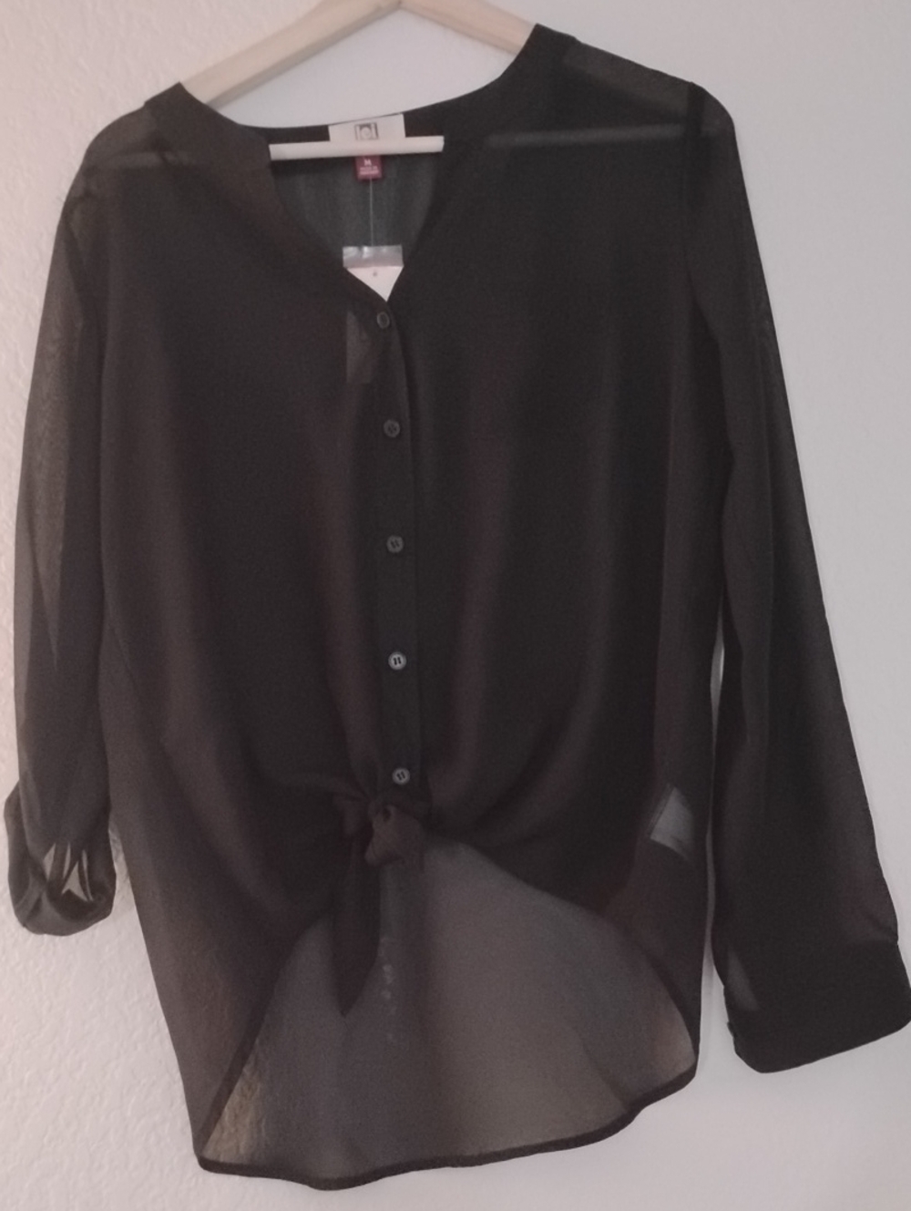 lei Very Sheer Black Button-Front Tie Hem Blouse